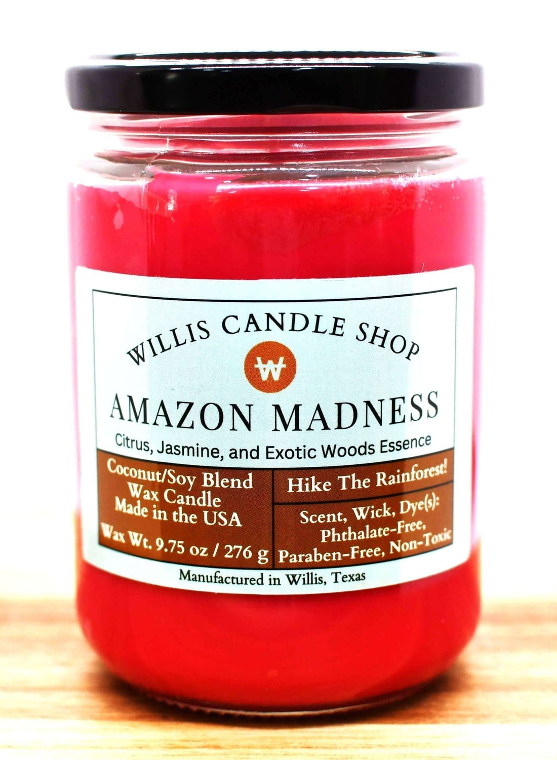 Single wick candle with red wax and Amazon Madness fragrant candle option.