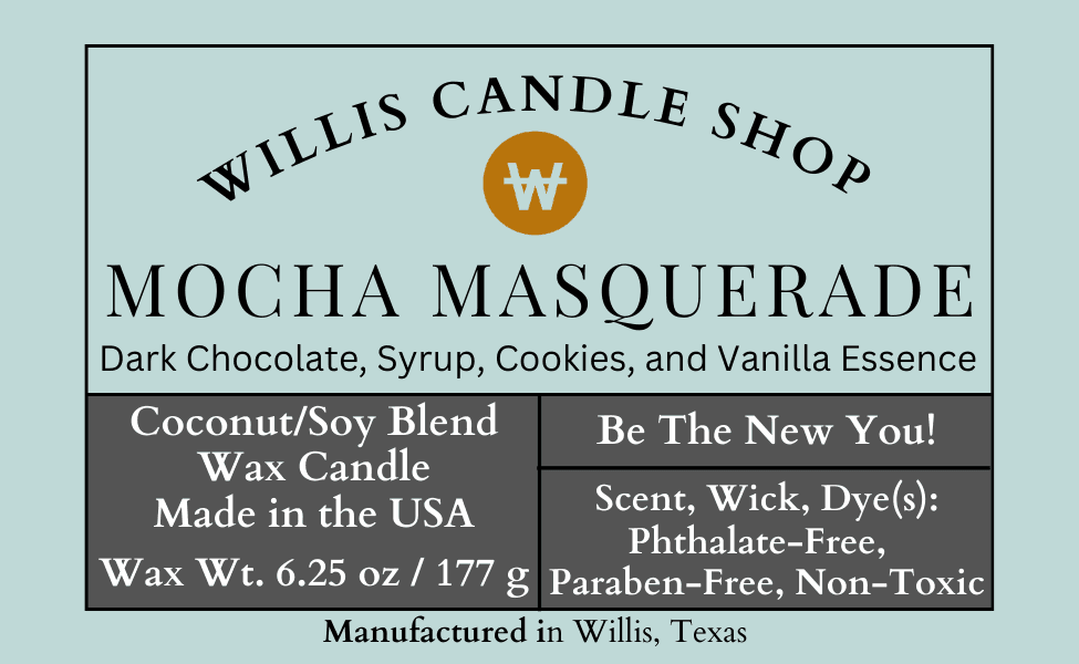Mocha Masquerade scented candle label
