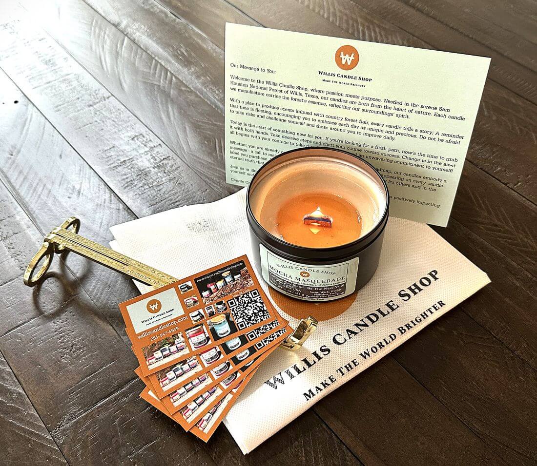 wood wick candle at Willis Candle Shop with wick cutters and candle care card.