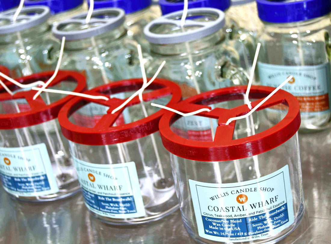 3 wick candle store production as aroma candles at Willis Candle Shop.