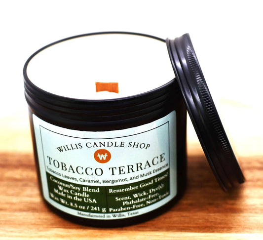 Tobacco candle with wood wick candle option at Willis Candle Shop.