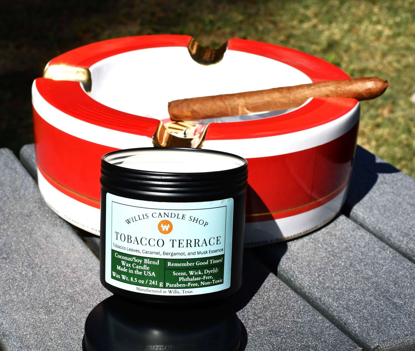 Tobacco candle with cigar and ash tray at Willis Candle Shop.