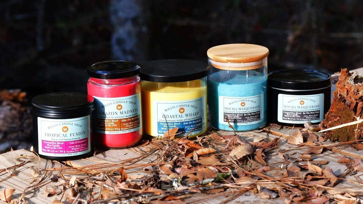 Scented candle shop collection on bridge in Willis, Texas.