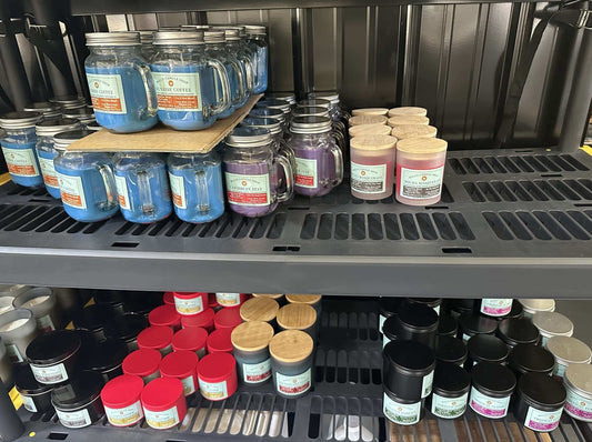 Candle storage of colored candles at the Willis Candle Shop.
