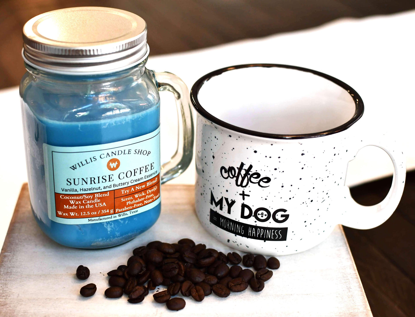 Coffee Candle with dog coffee mug and scented candle coffee beans.