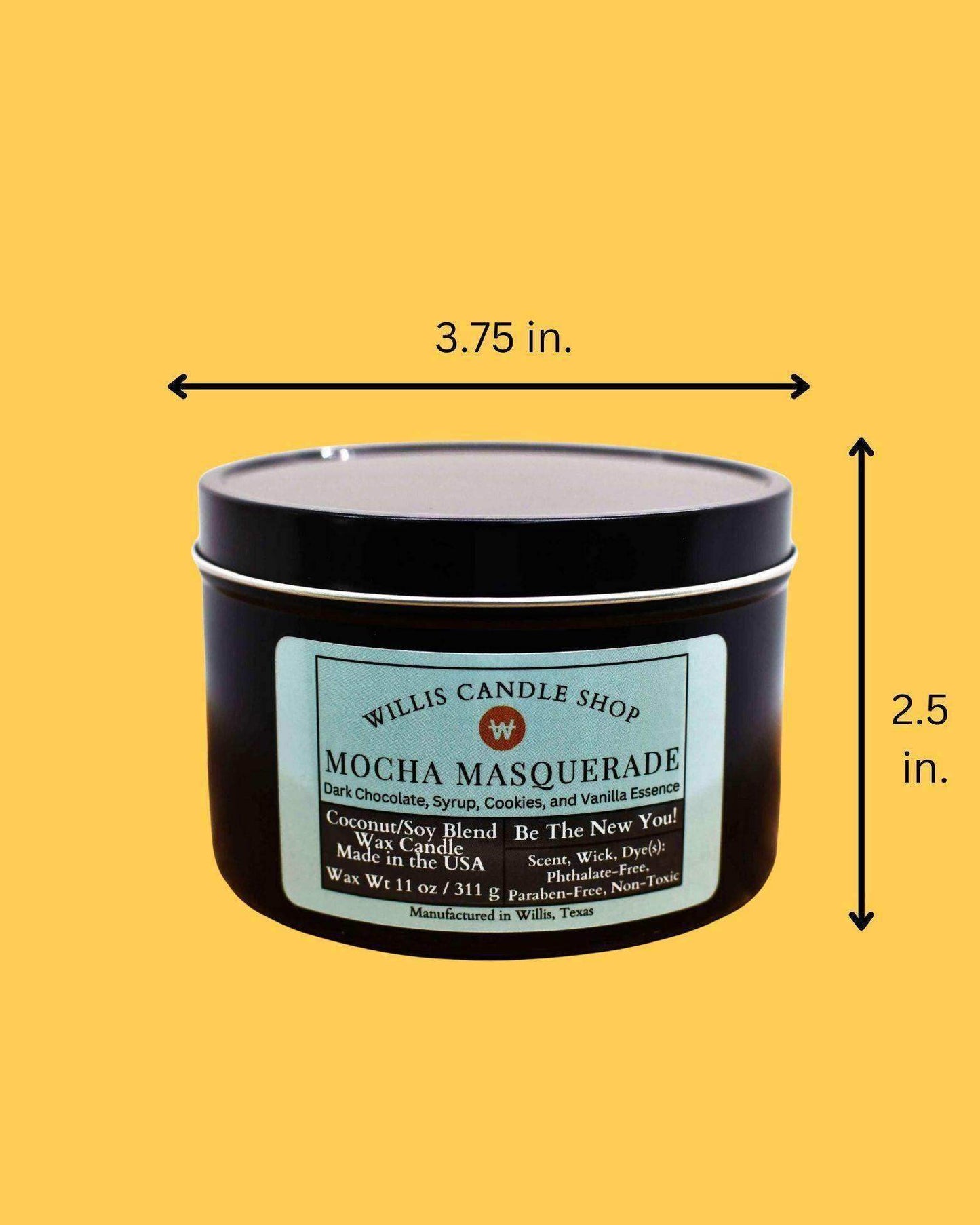 Non-toxic candle with masculine candle fragrant candle option and measurements.