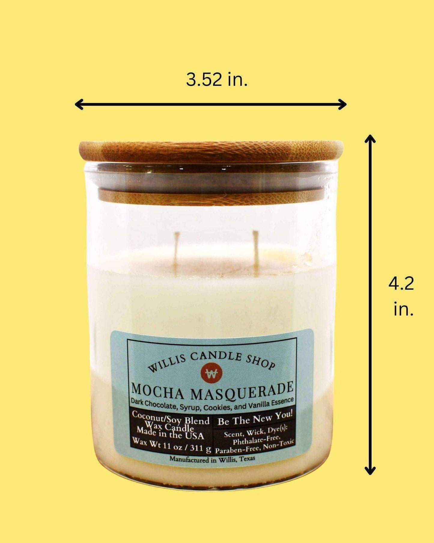 Mocha Masquerade scented candle as 2 wick candle option with measurements.