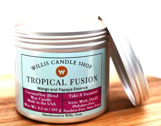 Silver tin candle in Tropical Fusion scented candle option at Willis Candle Shop.