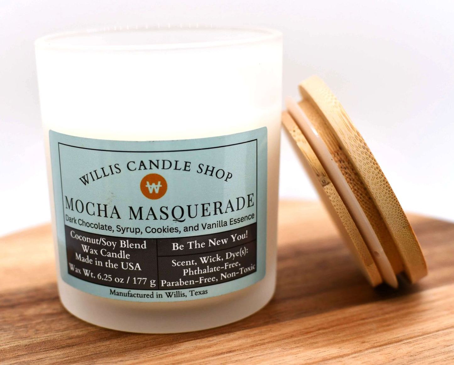 Scented candle in Mocha Masquerade fragrant candle option at Willis Candle Shop.