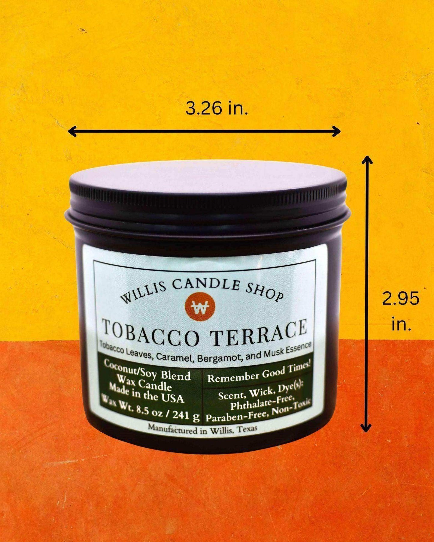 Luxury candle from Willis Candle Shop selling scented candles with measurements.