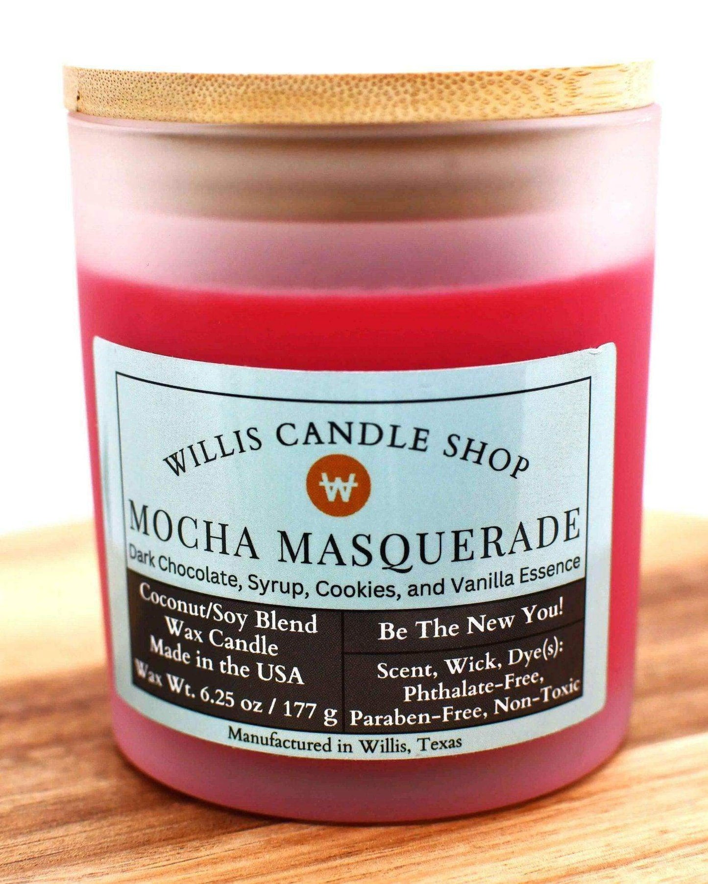 Luxury candle from cool candle website at Willis Candle Shop in red coconut soy wax candle blend.