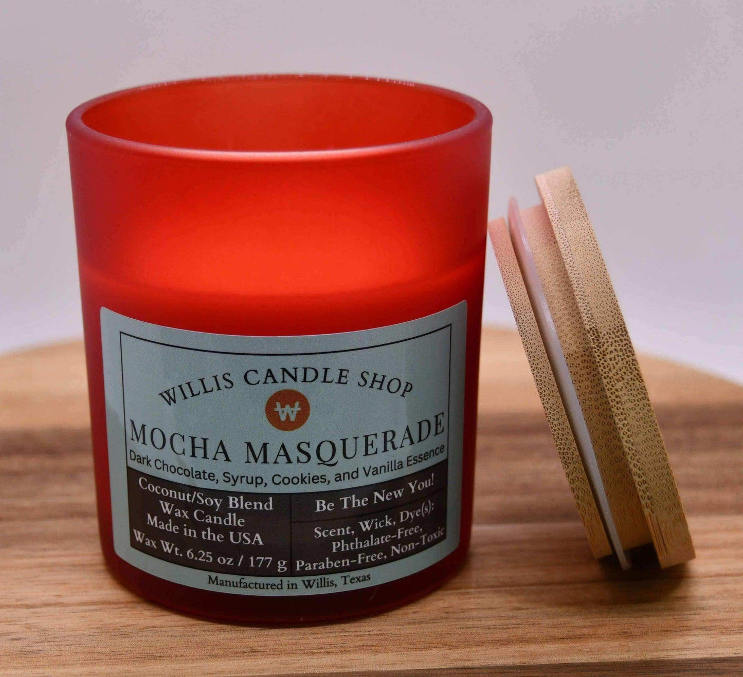 Best candles made in the USA in red frosted glass scented candle option at Willis Candle Shop.