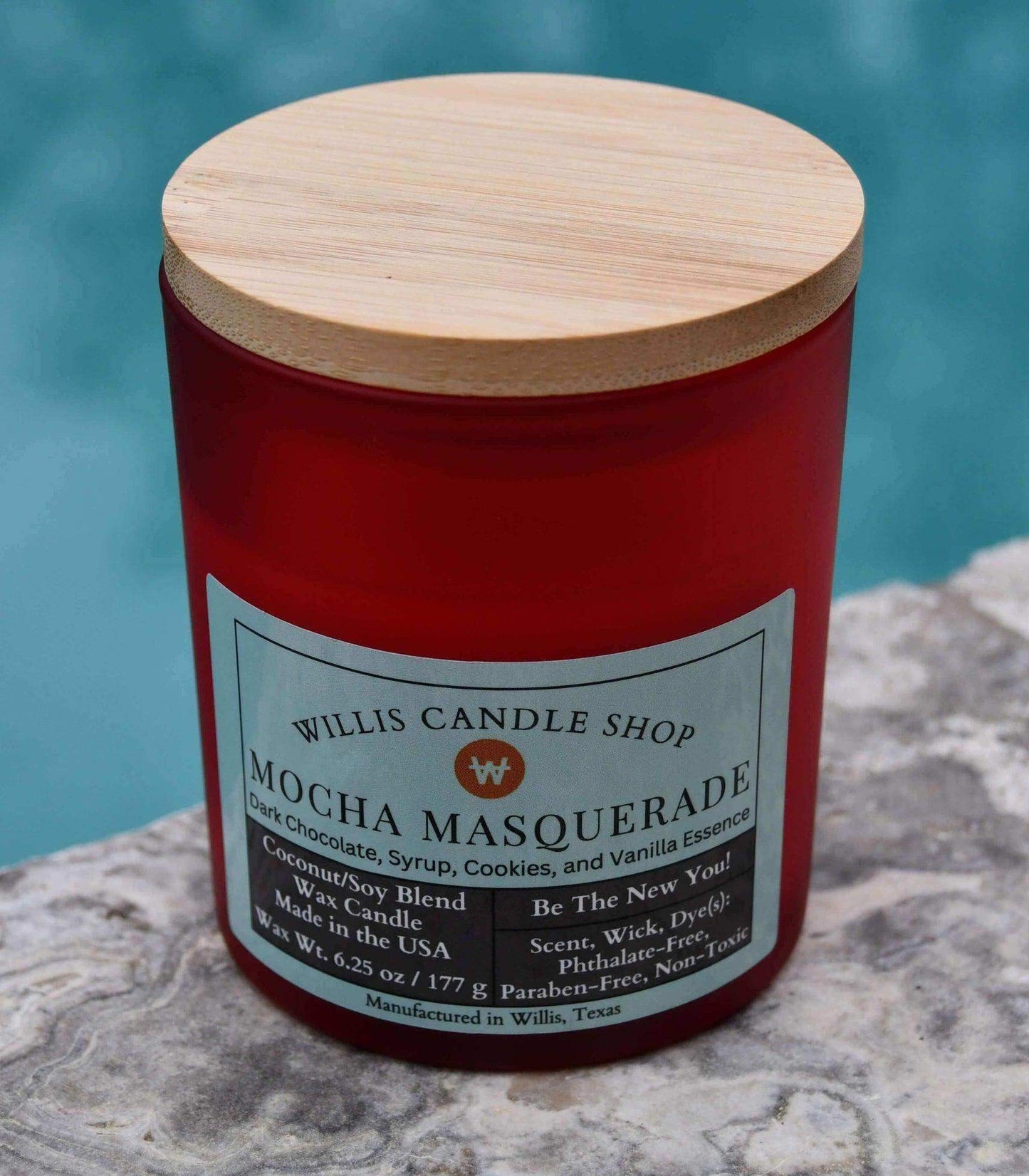 Aroma candle in red frosted glass in Mocha Masquerade scented candle option.
