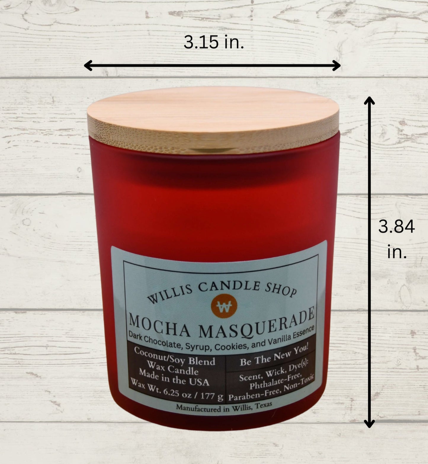 scented candles as masculine candle in red frosted vessel at Willis Candle Shop with measurements.