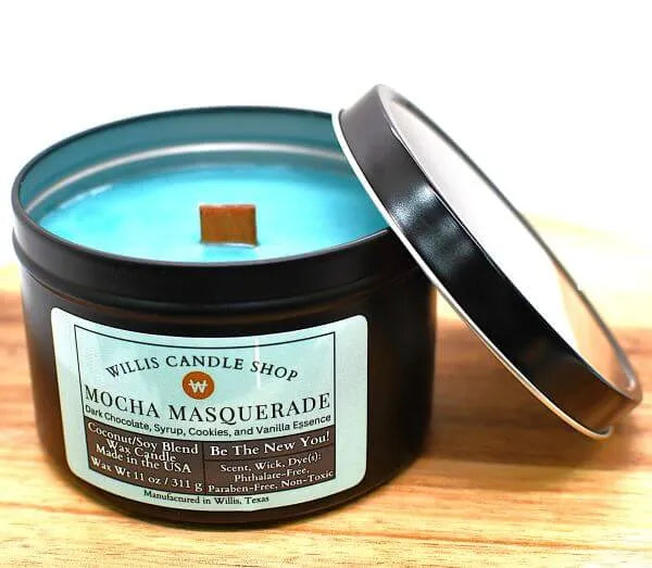 Black tin candle with Mocha Masquerade scented candle option at Willis Cande Shop.