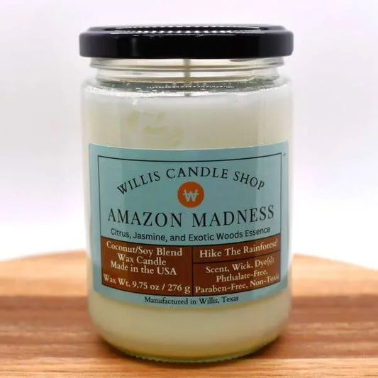 Glass jar candle with Amazon Madness scented candle option at Willis Candle Shop.