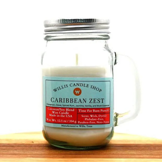Mug jar candle with caribbean zest scented candle option at Willis Candle Shop.