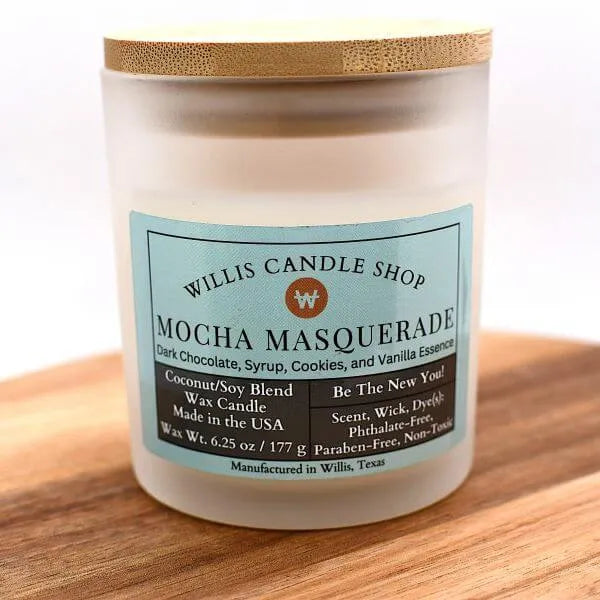 White frosted candle as Mocha Masquerade scented candle option at Willis Candle Shop.