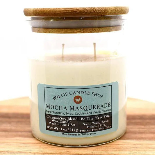 Elegant glass candle with Mocha Masquerade scented candle option at Willis Candle Shop.