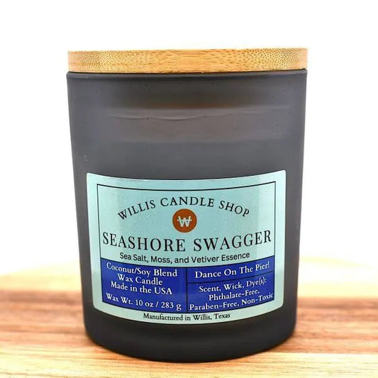 Black frosted glass Seashore Swagger scented candle at Willis Candle Shop.