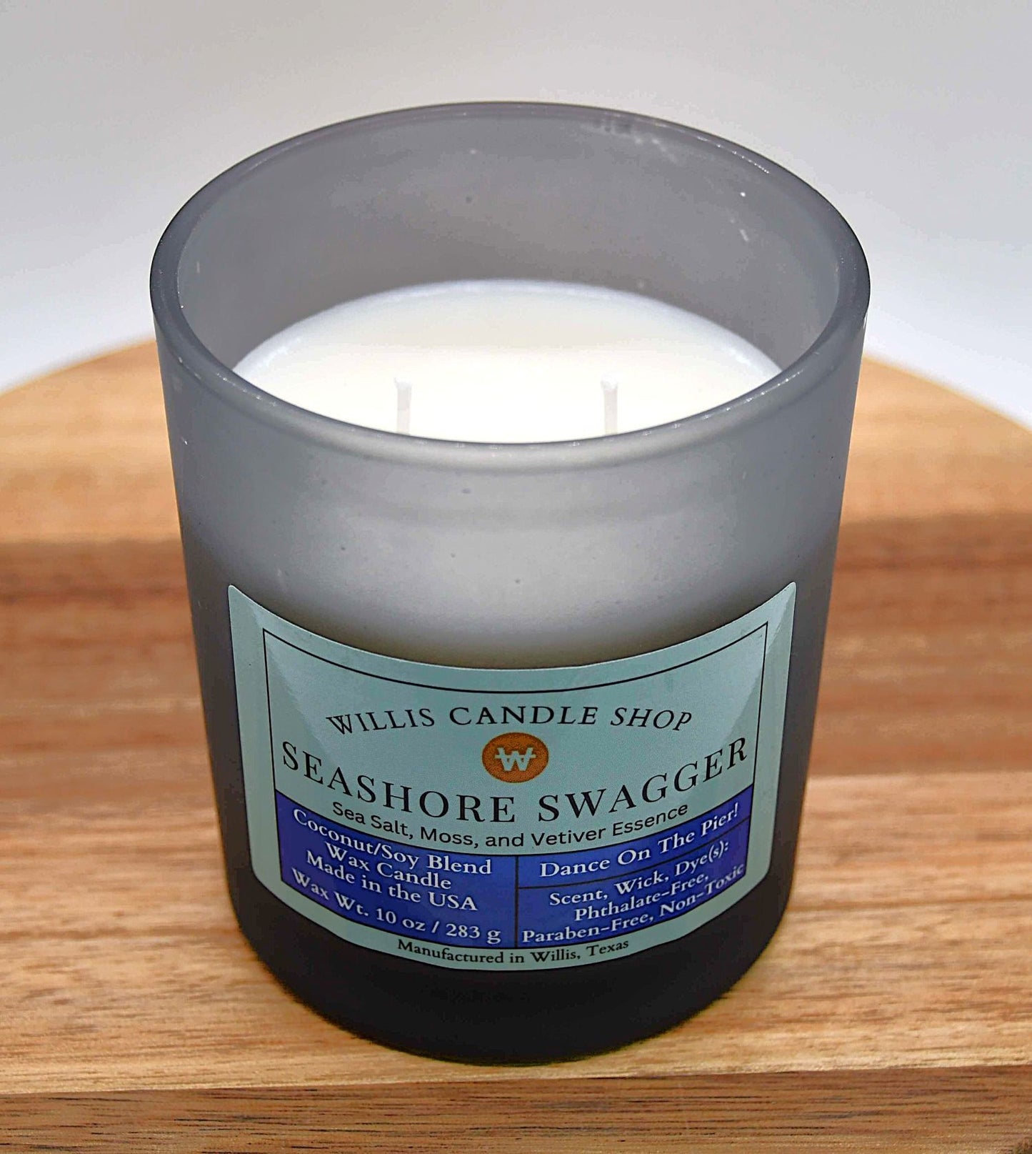 Scented candle with Seashore Swagger fragrant candle option at Willis Candle Shop.