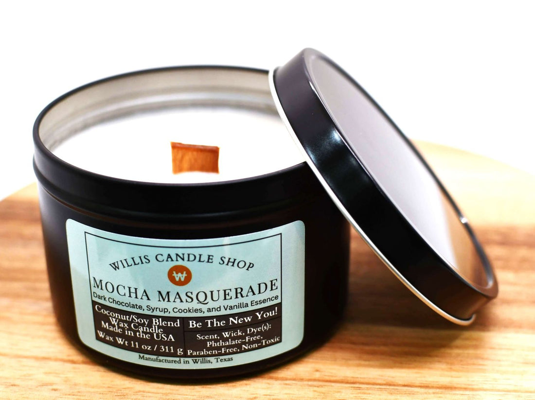 Black tin candle with Mocha Masquerade scent with wood wick.