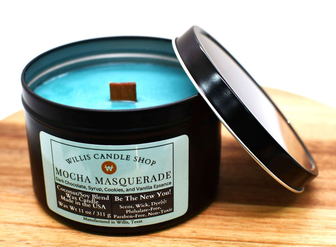 black tin candle with wood wick candle option and Mocha Masquerade scent.