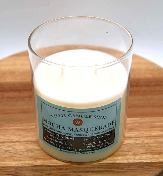 Double wick candle as Mocha Masquerade scented candle option.