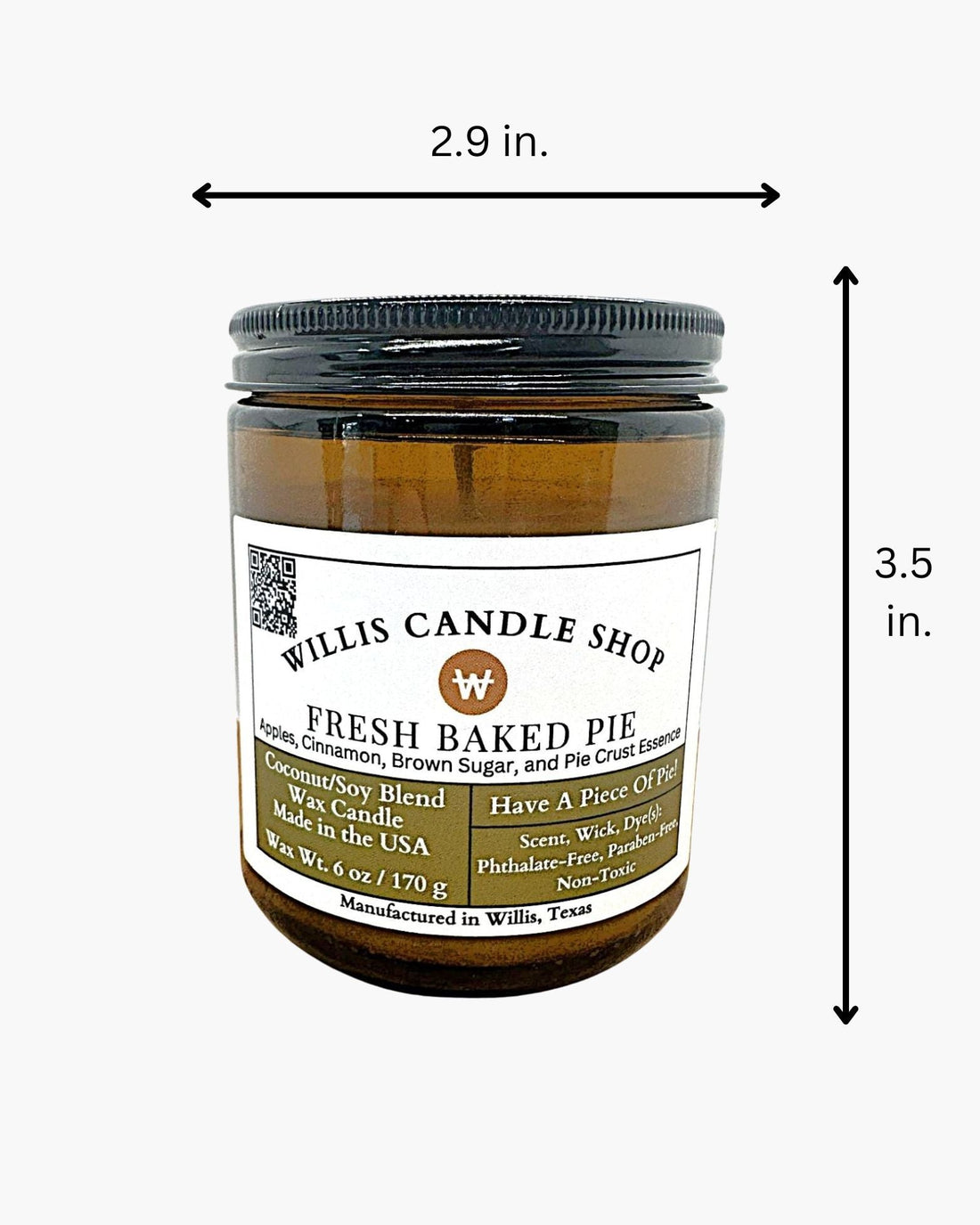 Amber glass candle with Fresh Baked Pie scent and candle vessel measurements.