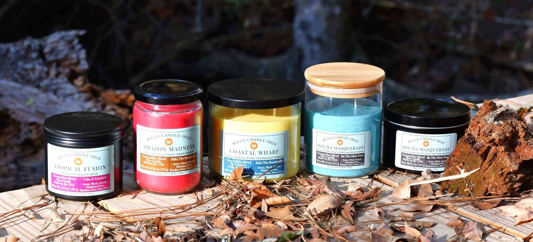 Scented candle collection on bridge in Willis, Texas.