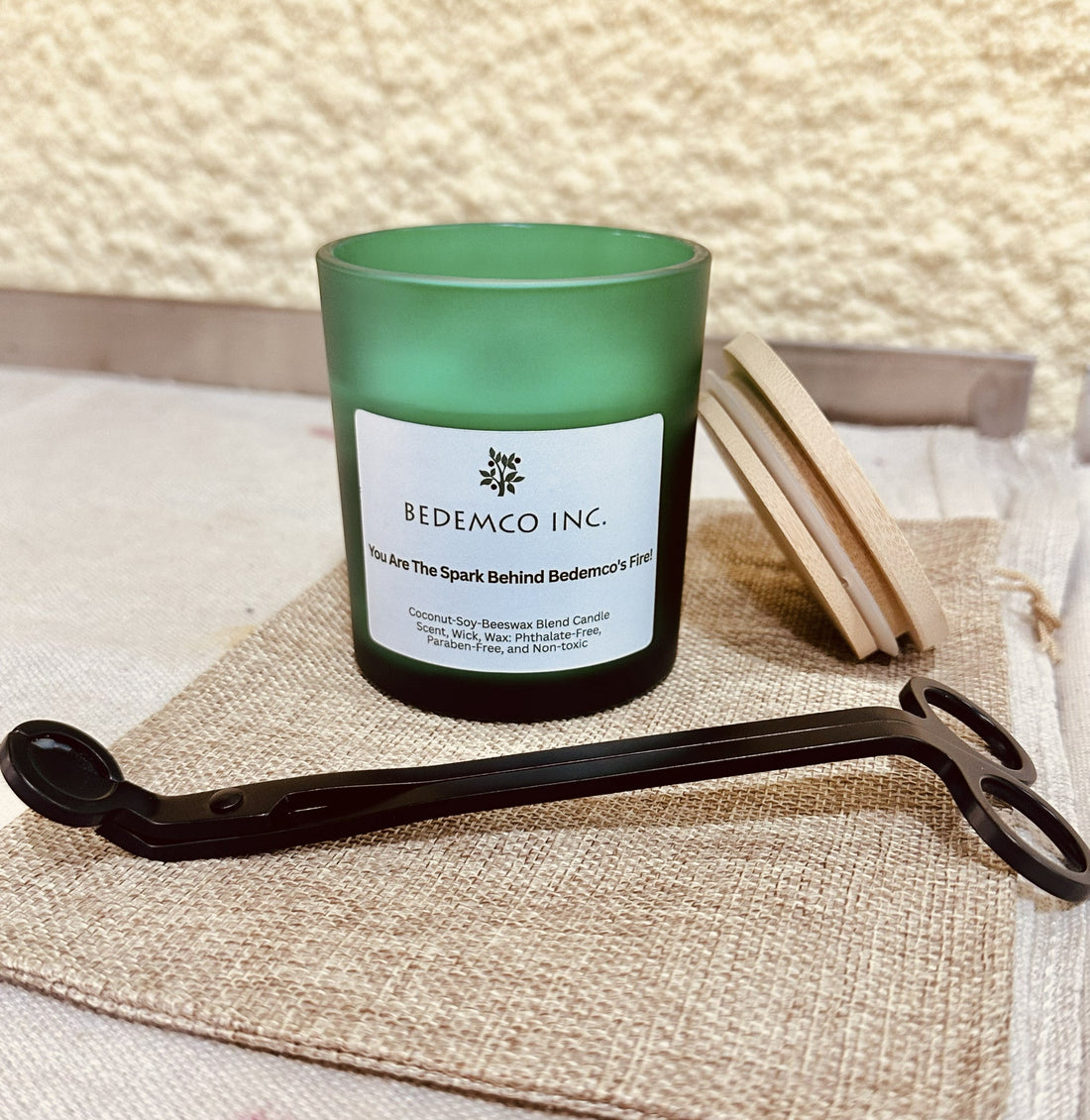 A photo of Bedemco Custom Candle featuring our coconut, soy, beeswax matrix candle made at the Willis Candle Shop in Willis, Texas.