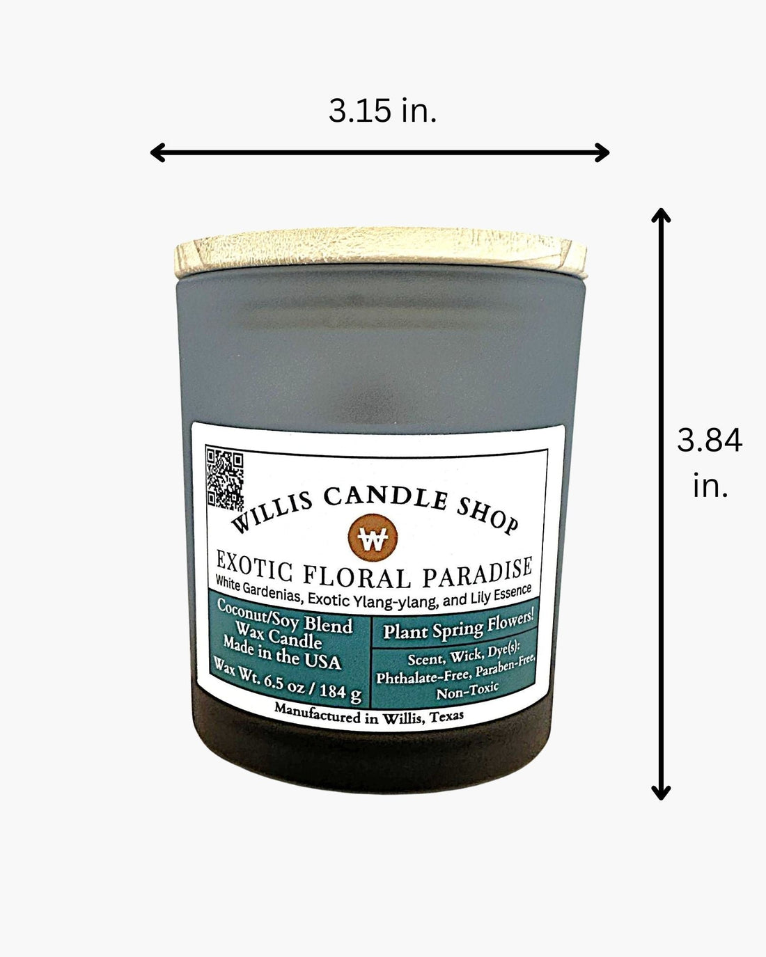 Black frosted glass candle with bamboo lid and measurements.