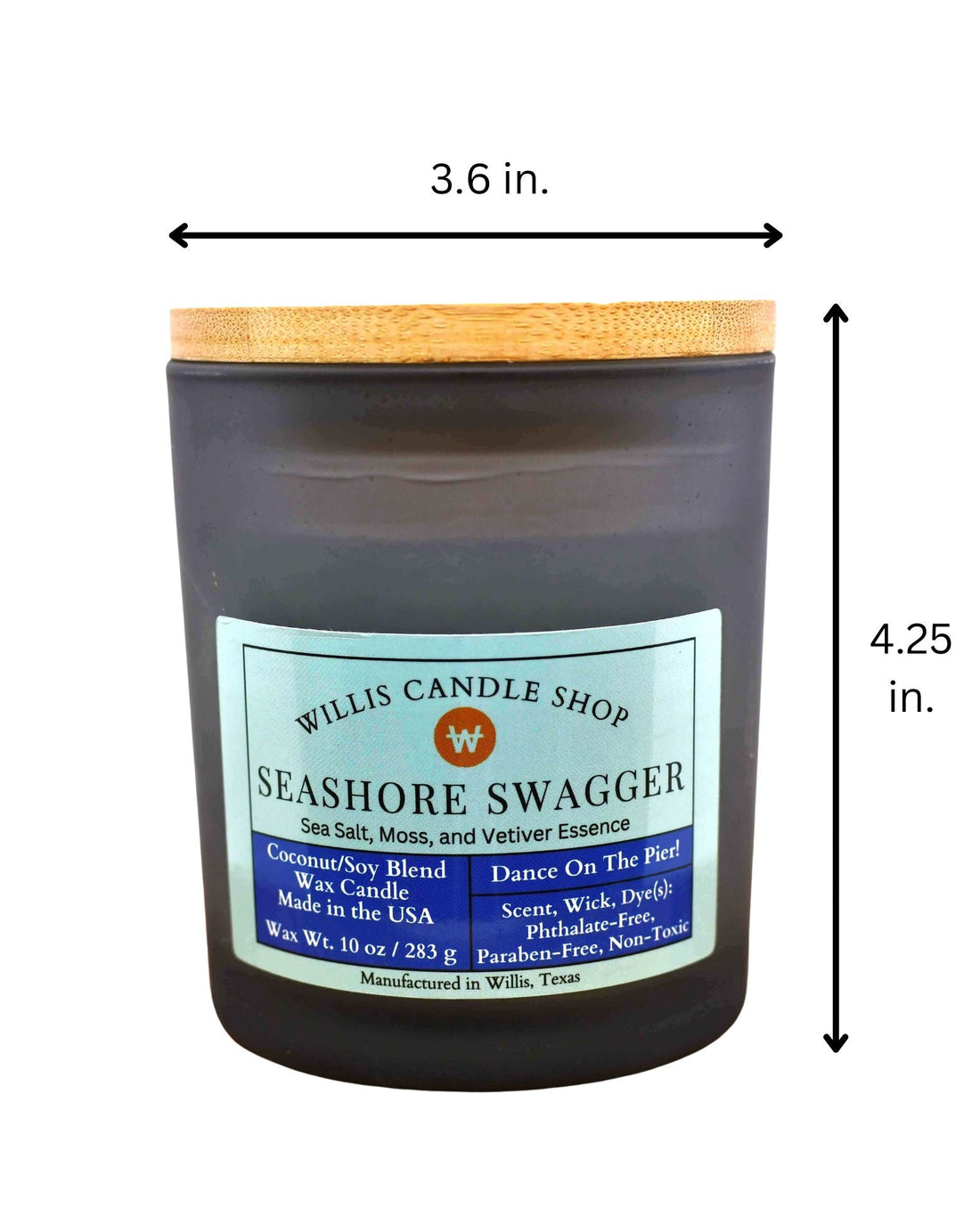 Black frosted glass candle with bamboo lid and measurements.