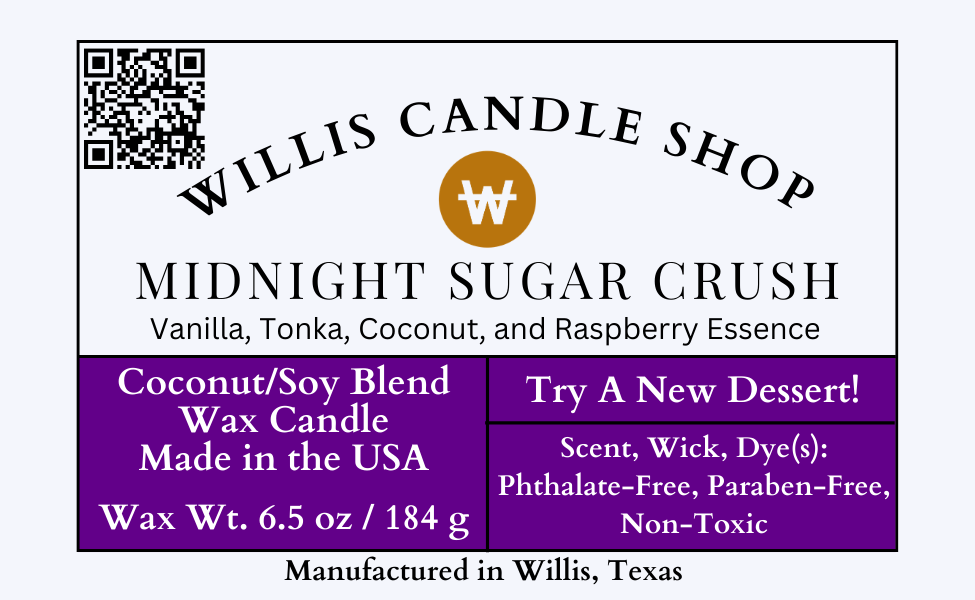 Candle label at the Willis Candle Shop featuring the Midnight Sugar Crush Candle.