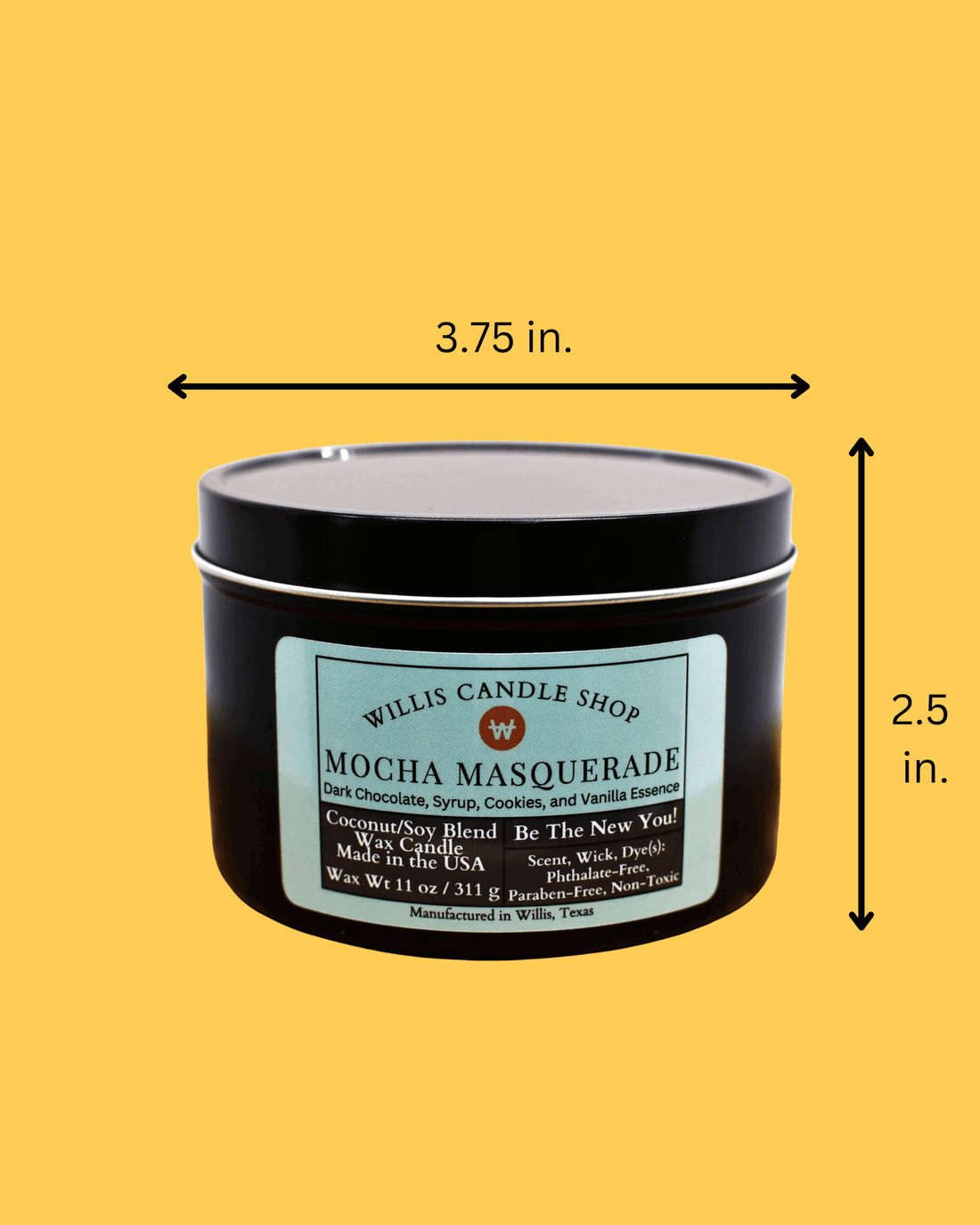Black tin candle with Mocha Masquerade scent and measurements.