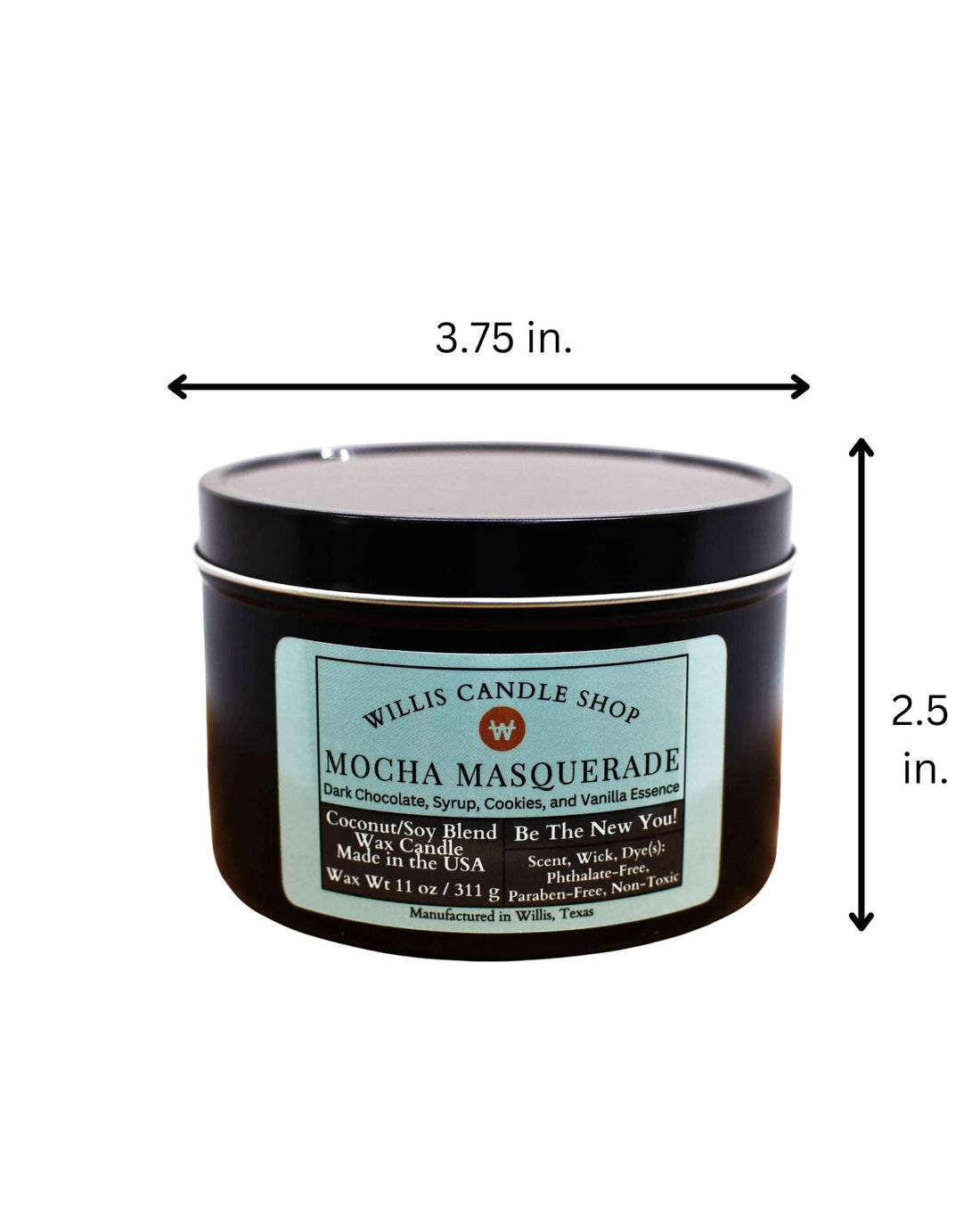 Black tin Candle with Mocha Masquerade scent and measurements.