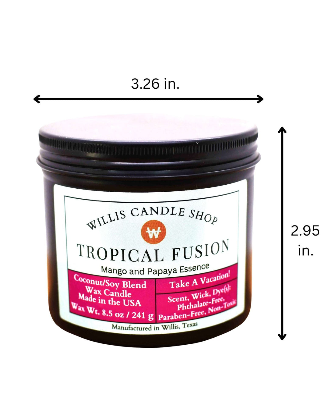 Black tin candle with measurements and Tropical Fusion scent.