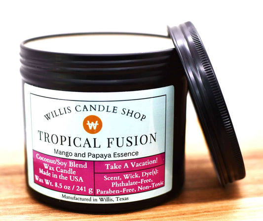 Black tin candle with Tropical Fusion scent in Willis, Texas.