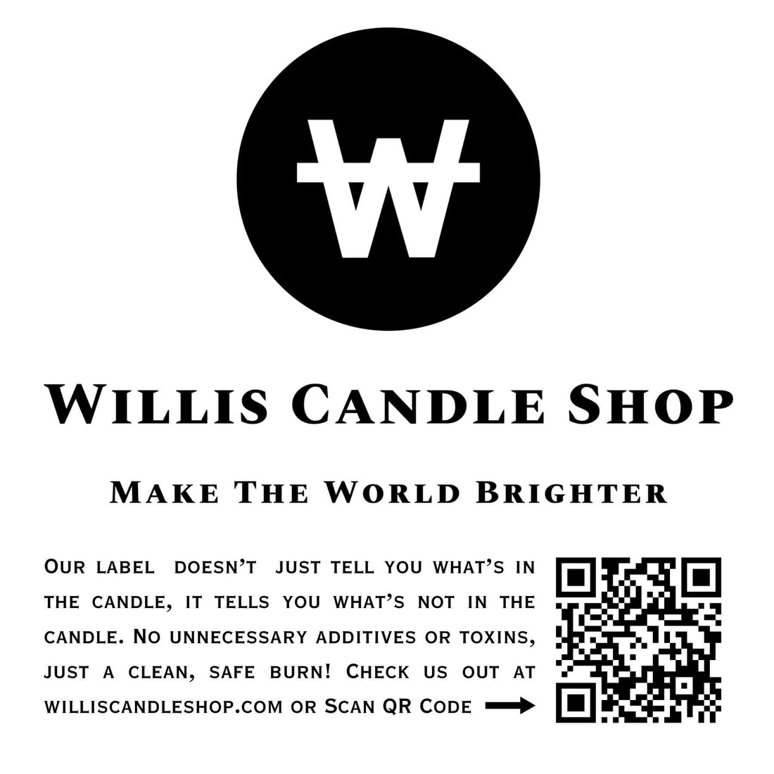 Black and white logo for the Willis Candle Shop with mantra.