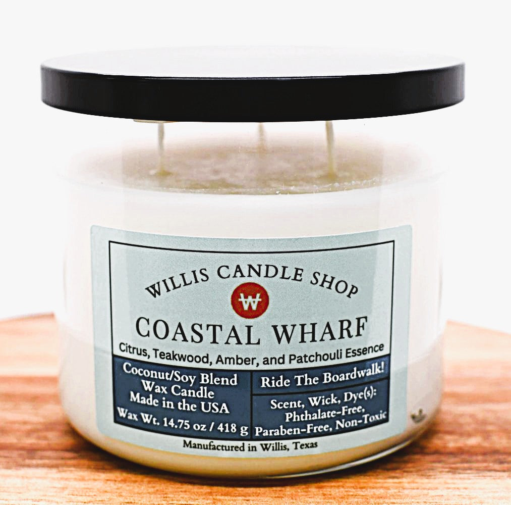 3 wick scented candle with black press-on lid and Coastal Wharf scent.