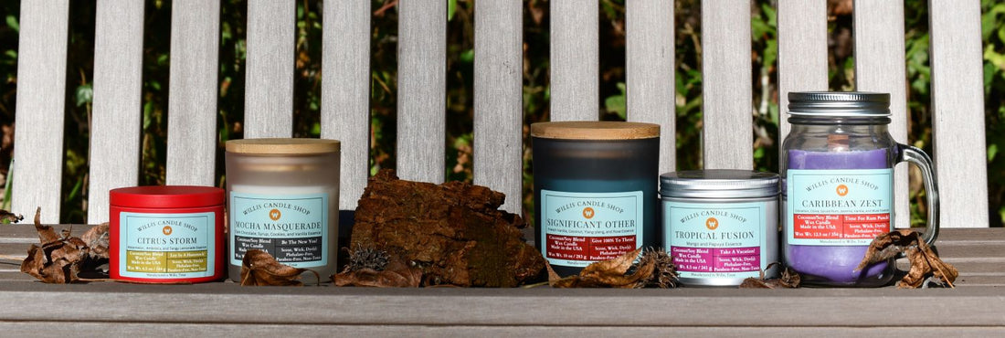 Scented candles staged on a bench at a local pond in Willis, Texas.