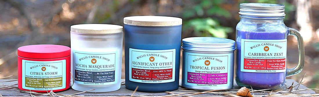 Scented candle collection on a table in Willis, Texas.