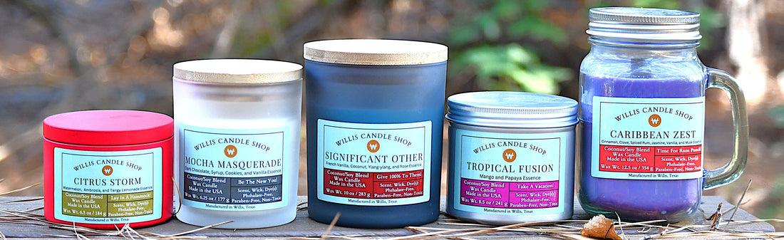 Scented candle collection staged on a picnic table in Willis, Texas.