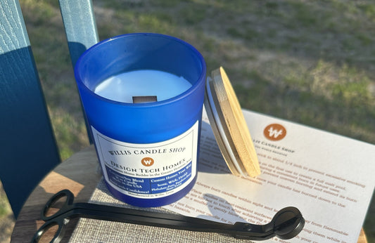 Custom Candle order for Design Tech Homes with blue candle container and bamboo lid.