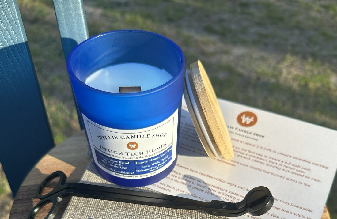 Design Tech Homes custom candle order with blue frosted glass vessel.