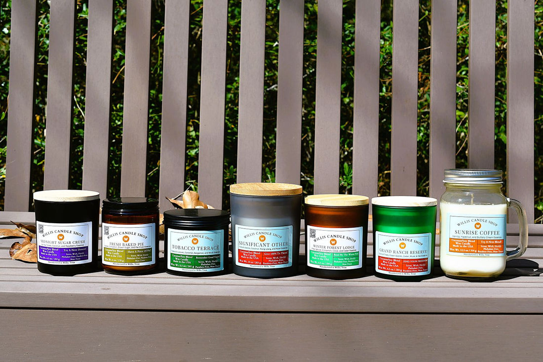 Scented candles on a bench by a pond in Willis, Texas.