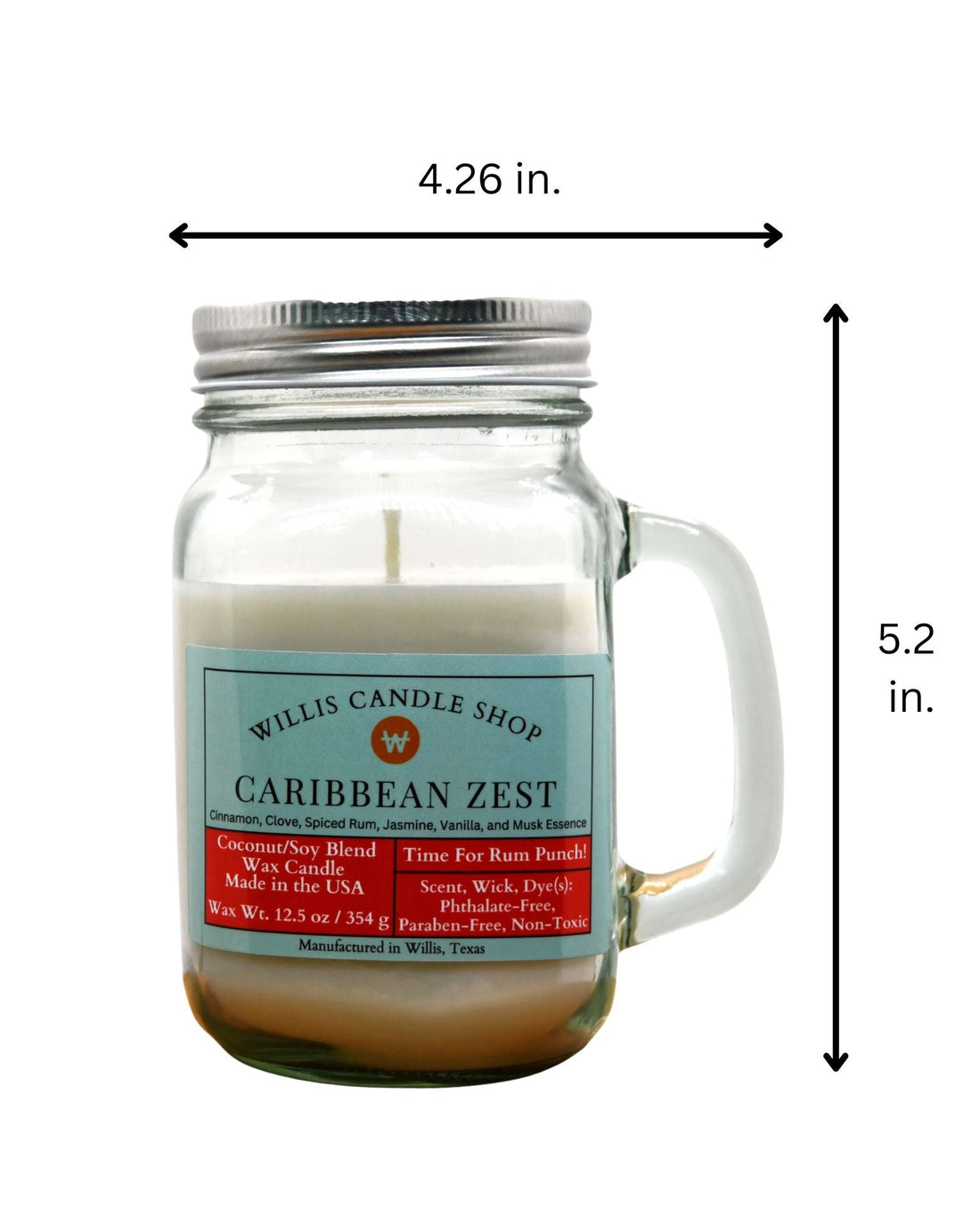 Scented candle with phthalate-free and paraben-free wax, wax, wick and fragrance oil.