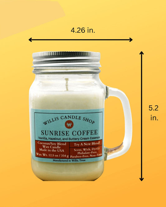 Sunrise Coffee candle with mug jar candle option and measurements.