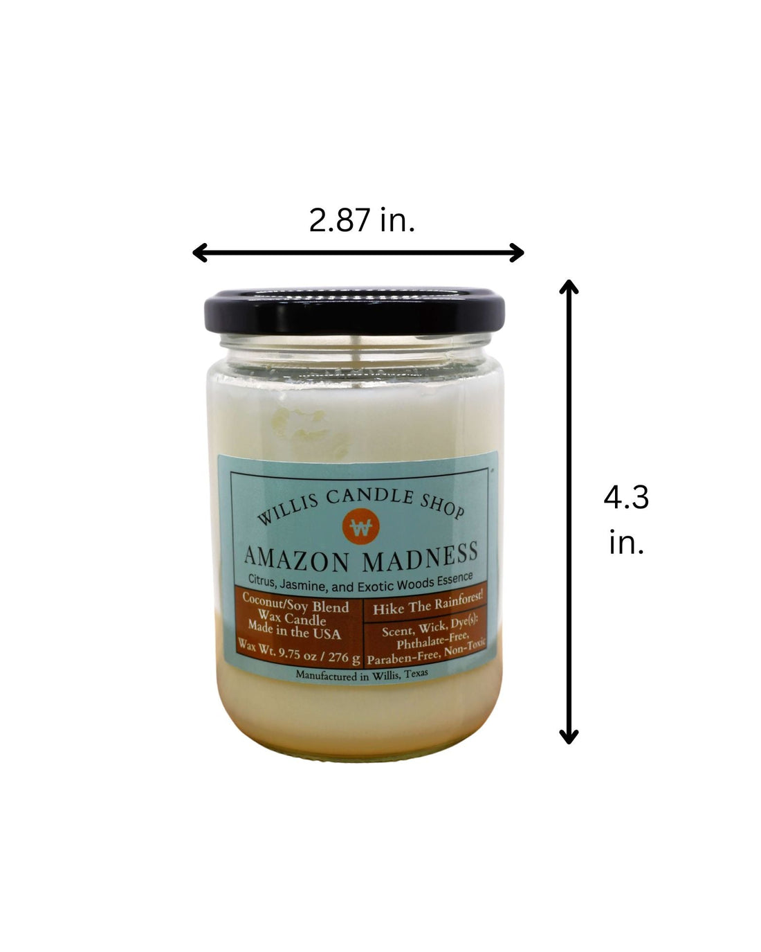 Amazon Madness candle with black lid and measurements.