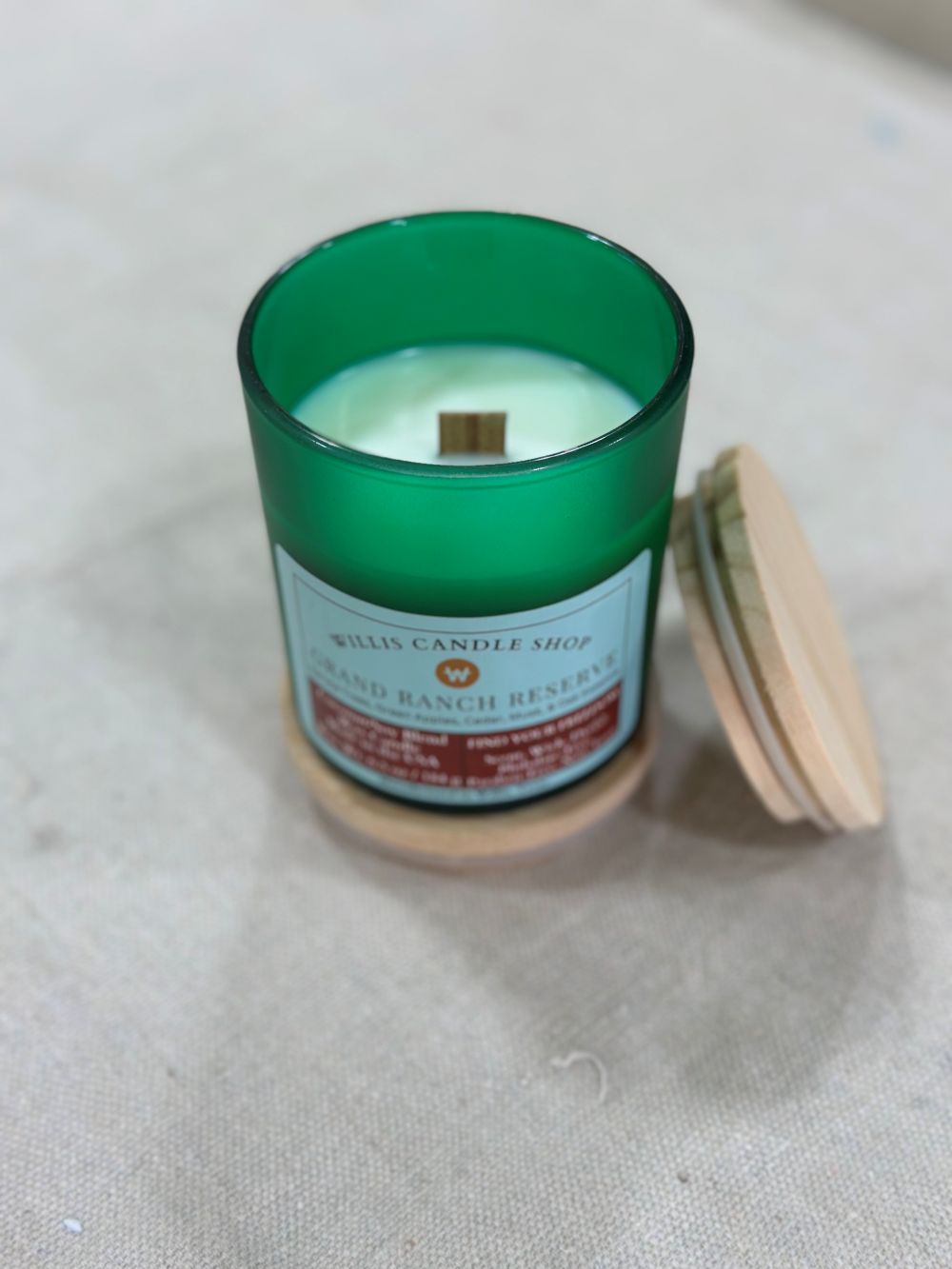 Grand Ranch Reserve candle with wood wick candle option.